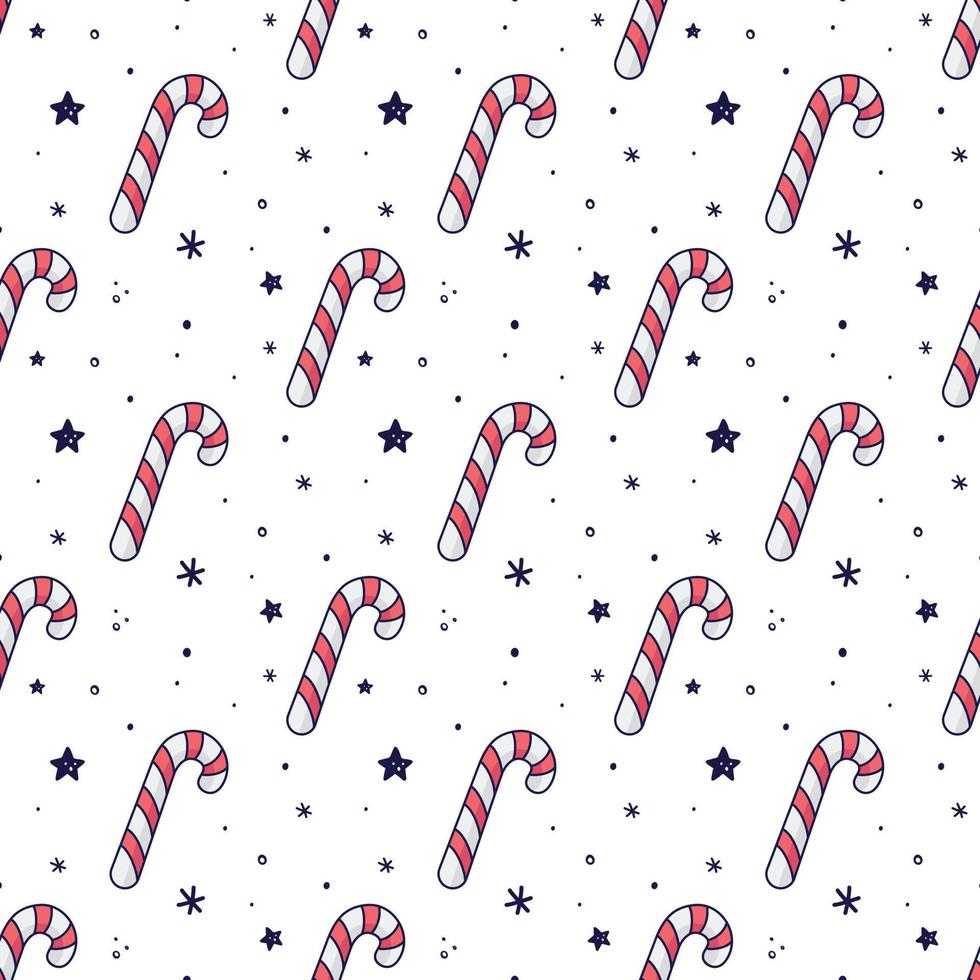 modèle sans couture de canne en bonbon. bâton de caramel, illustration de sucette dans un style doodle. boîte de bonbons dessinés à la main avec des flocons de neige et des étoiles. isolé sur blanc. décoration de Noël vecteur