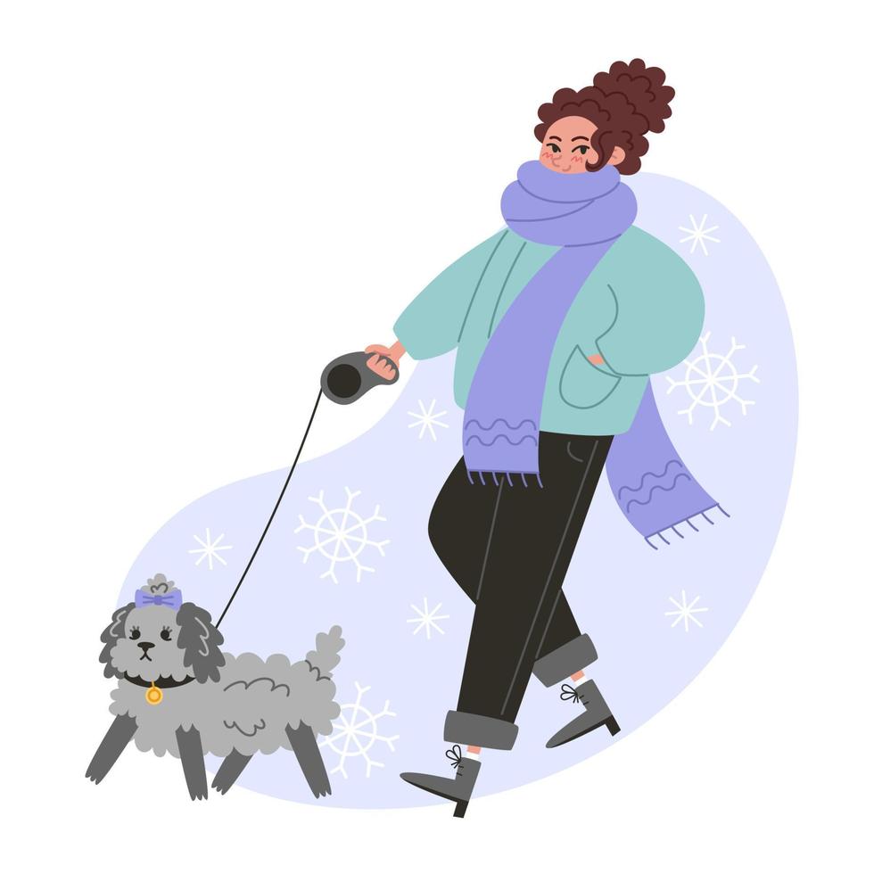 jeune femme marchant avec un petit chien bouclé en hiver vecteur