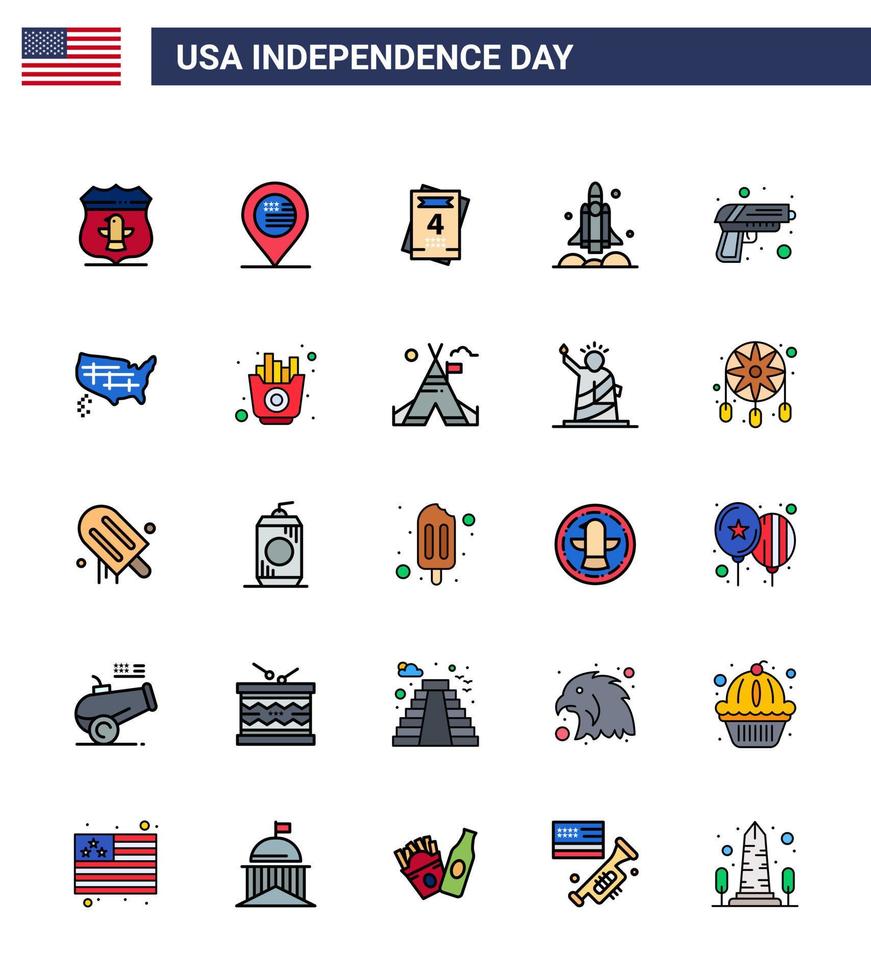 paquet de ligne remplie à plat de 25 symboles de sécurité de la fête de l'indépendance des états-unis vecteur