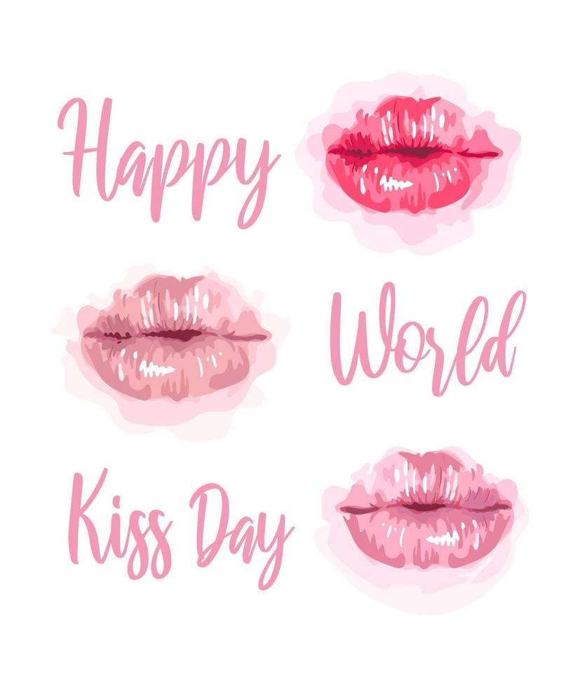 illustration vectorielle de délicates lèvres roses avec l'inscription happy world kiss day. jolie carte postale dans un style aquarelle. pour carte postale, cadeau, bannière, affiche, impression sur vêtements, tissu. vecteur