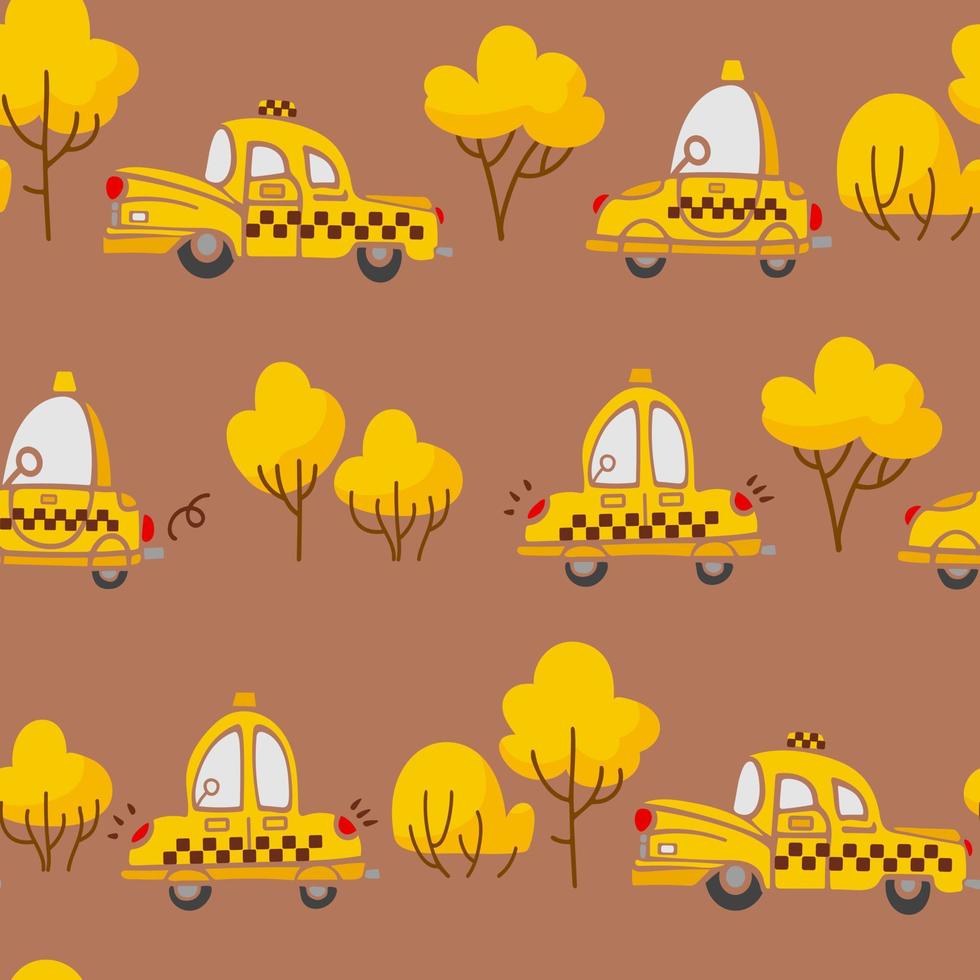 Jolies voitures de taxi jaunes de dessins animés vintage conduisant le long de la route et des arbres dans des couleurs vives et chaudes. illustration vectorielle, modèle sans couture pour garçons, pépinière, papier peint, tissu, emballage, arrière-plan vecteur