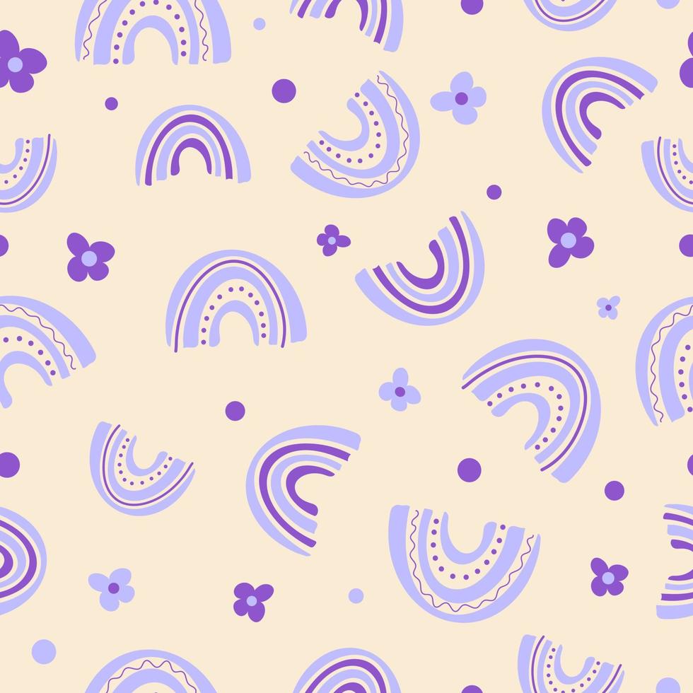 motif de fleurs arc-en-ciel d'été sans soudure lumineux. délicates couleurs pastel violet lavande beige. illustration vectorielle en style cartoon. pour l'impression sur tissu, emballage cadeau. journée nationale trouver un arc-en-ciel vecteur