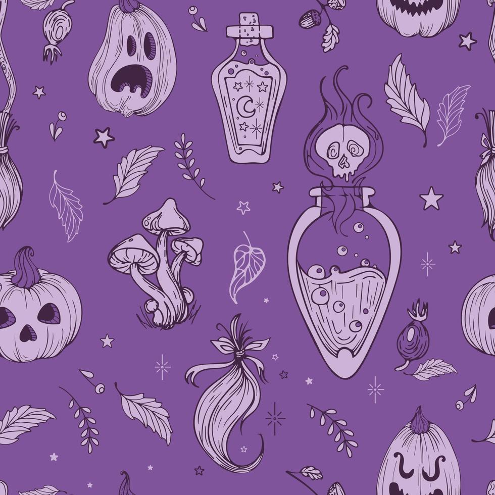 vecteur transparente motif mignon illustration dessin graphique style vintage pour halloween. lanterne citrouille. champignons magiques, potions de sorcière, touffes de poils. pour papier peint, impression sur tissu, emballage.