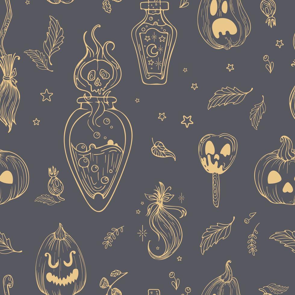 vecteur transparente motif mignon illustration dessin graphique style vintage pour halloween. lanterne citrouille. champignons magiques, potions de sorcière, touffes de poils. pour papier peint, impression sur tissu, emballage.