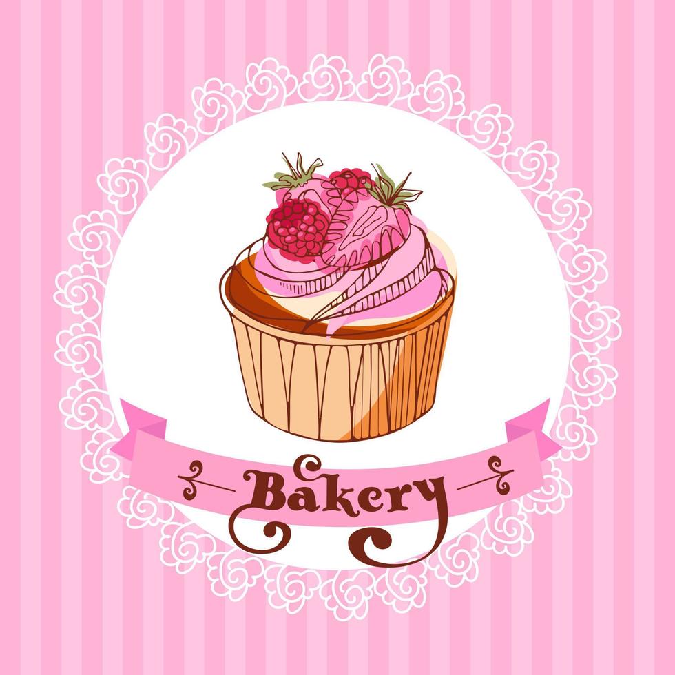 fraise - cupcake framboise sur une serviette en dentelle sur fond rayé. modèle pour une illustration vintage de boulangerie dans le style de croquis aux couleurs roses. pour menu, pâtisserie, invitation, carte postale, affiche. vecteur