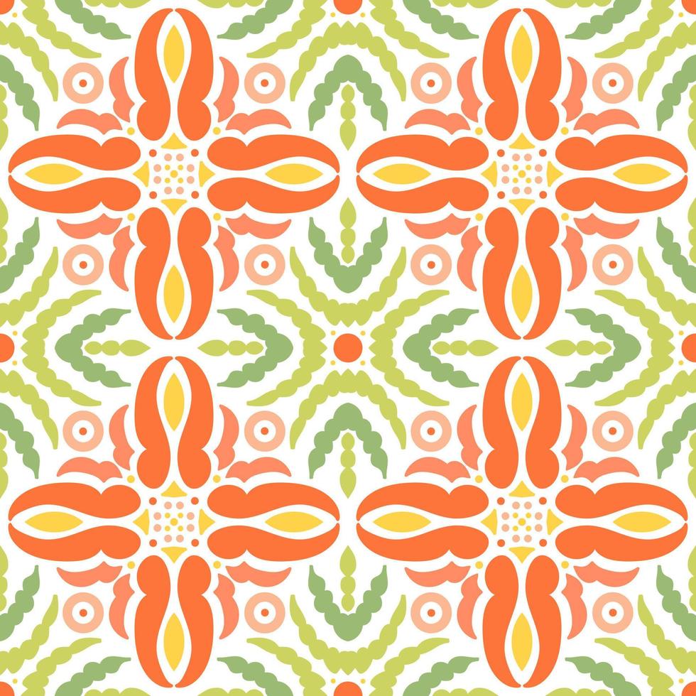 motif géométrique ethnique avec des motifs floraux aux couleurs vert et orange. pour papier peint, impression sur tissu, emballage, arrière-plan. vecteur