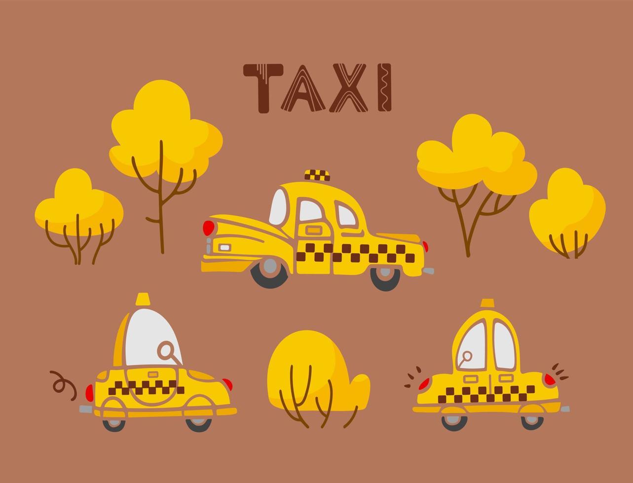ensemble de voitures et d'arbres de taxi jaunes de dessins animés vintage mignons dans des couleurs chaudes et vibrantes. pour les garçons, pépinière, autocollants, affiches, cartes postales, éléments de conception vecteur
