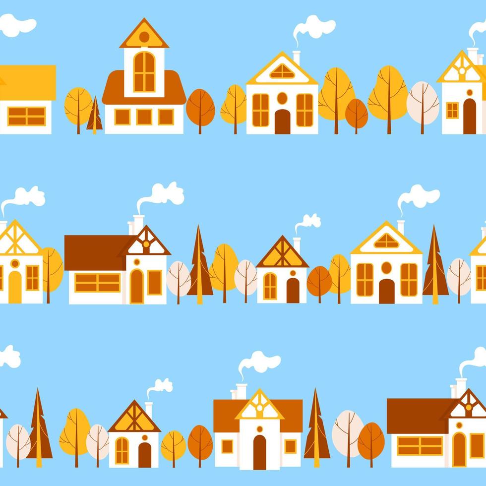 rues horizontales avec des maisons de style dessin animé. paysage urbain d'automne, arbres dorés, ciel bleu. pour la pépinière, le papier peint, l'impression sur tissu, l'emballage, l'arrière-plan. vecteur