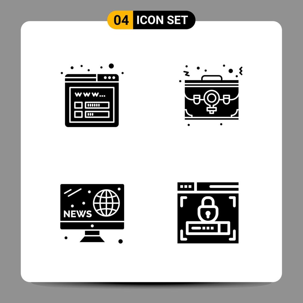 4 signes de symboles de glyphe de pack d'icônes noires pour des conceptions réactives sur fond blanc. 4 icônes définies. vecteur