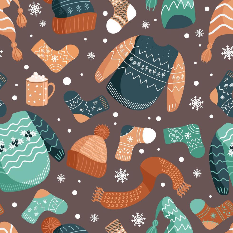 motifs d'illustration de noël de vecteur de vêtements chauds d'hiver. chapeaux, chaussettes, chandail de Noël moche, pull, écharpe. tasse avec du cacao. dans des tons terreux. pour papier peint, impression sur tissu, emballage