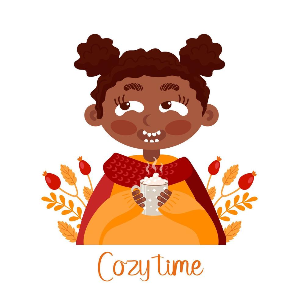 moment convivial. une fille afro-américaine en pull orange et écharpe rouge boit du chocolat chaud avec des guimauves. feuilles et baies d'automne, vêtements chauds. pour affiches, cartes postales, bannières, impression sur tissu. vecteur