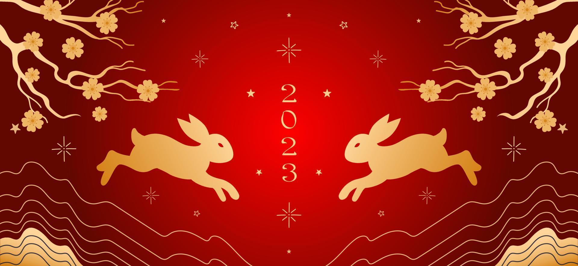 lapin, symbole du nouvel an chinois 2023. bannière vintage vectorielle lumineuse avec motif doré sur fond rouge, style asiatique. fleurs de sakura, abstrait. le printemps. pour affiche, bannière, flyer, publicité vecteur