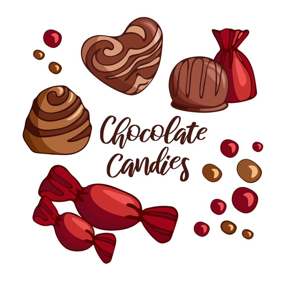 définir de délicieux morceaux lumineux de chocolat au lait, des bonbons. célébrer la journée mondiale du chocolat. illustration vectorielle de la nourriture dessert. pour l'emballage, le menu, le livre de cuisine, la carte postale, la bannière, l'affiche. valentines, coeur vecteur