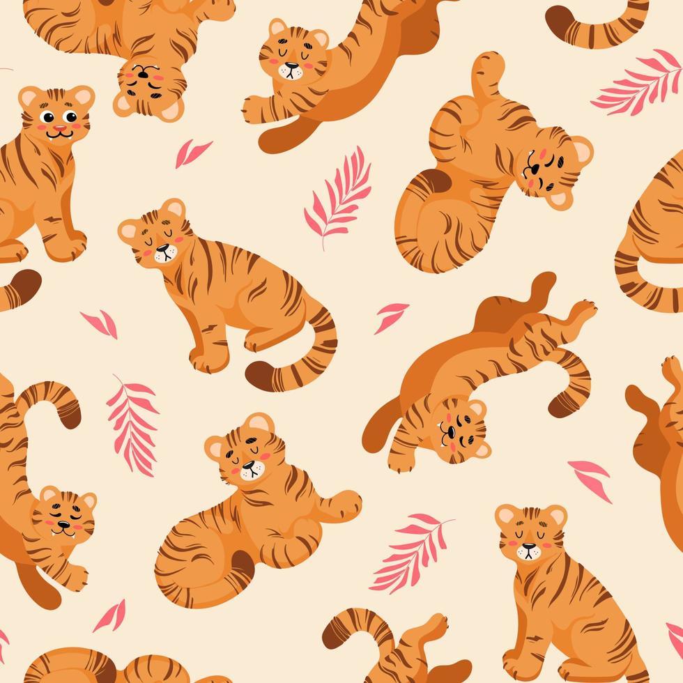 modèle sans couture tropical d'été lumineux. tigre mignon, feuilles de palmier style de dessin animé d'illustration vectorielle pour enfants. pour pépinière, affiches, impressions sur tissu. journée internationale du tigre. nouvel an chinois 2022. vecteur