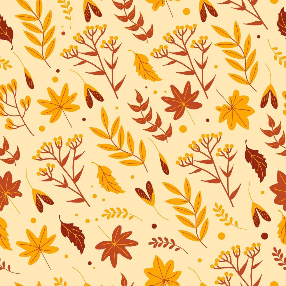 motif d'automne harmonieux avec feuilles jaunies, herbes et fleurs dans des tons orange sur fond beige, style plat. pour le papier peint, l'impression sur tissu, l'emballage, l'arrière-plan, les vêtements vecteur