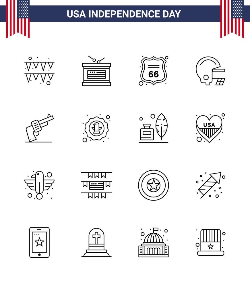 pack d'icônes vectorielles stock de jour américain 16 signes et symboles de ligne pour le football américain de pistolet de bouclier de main modifiable éléments de conception de vecteur de jour des états-unis