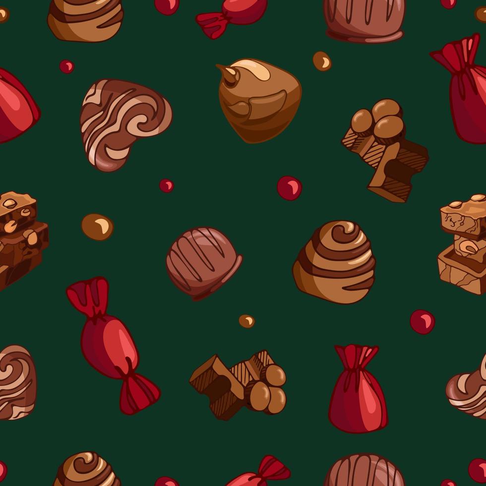 modèle de noël vectorielle continue de morceaux de chocolat au lait brillants et savoureux avec des noix, des bonbons, des dragées. journée mondiale du chocolat. illustration de la nourriture des desserts. emballage, menu, livre de cuisine, carte postale, bannière, affiche. vecteur