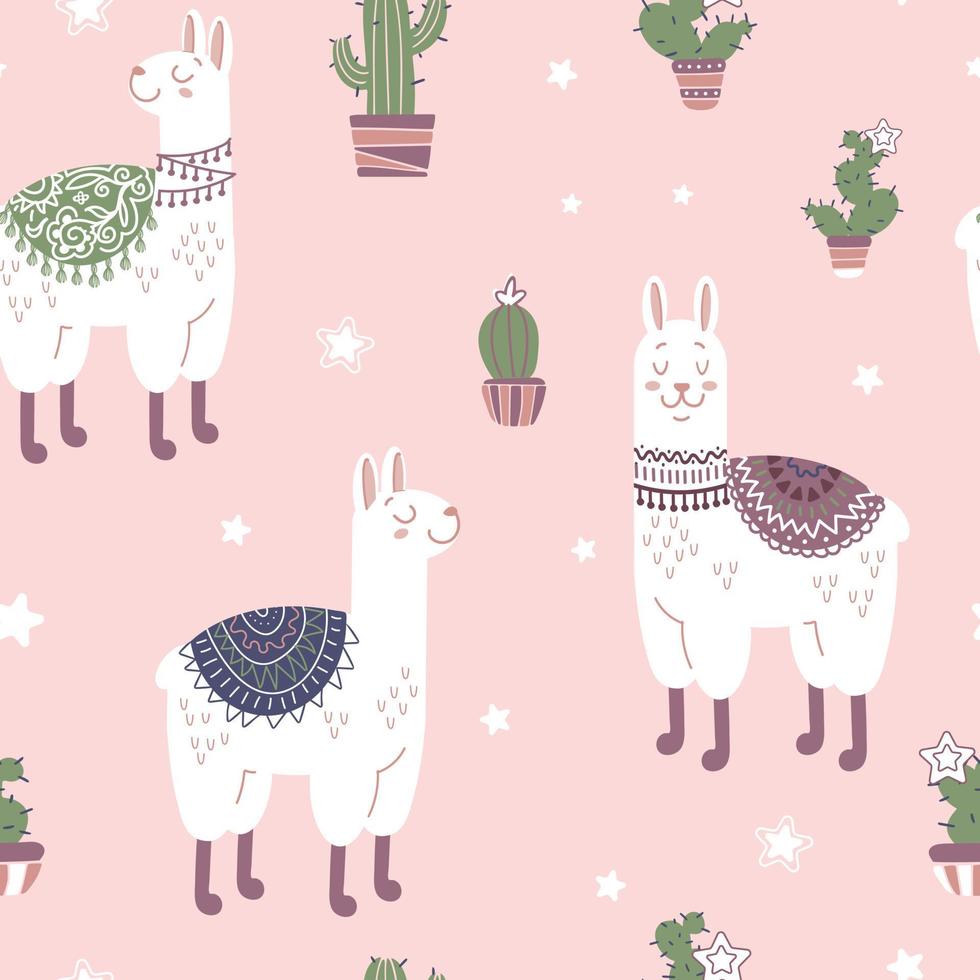 modèle sans couture lumineux pour enfants en style cartoon. mignons lamas dans des couvertures ethniques colorées, cactus, étoiles, fond rose. couleurs pastel tendance. pour pépinière, papier peint, impression sur tissu, emballage. vecteur