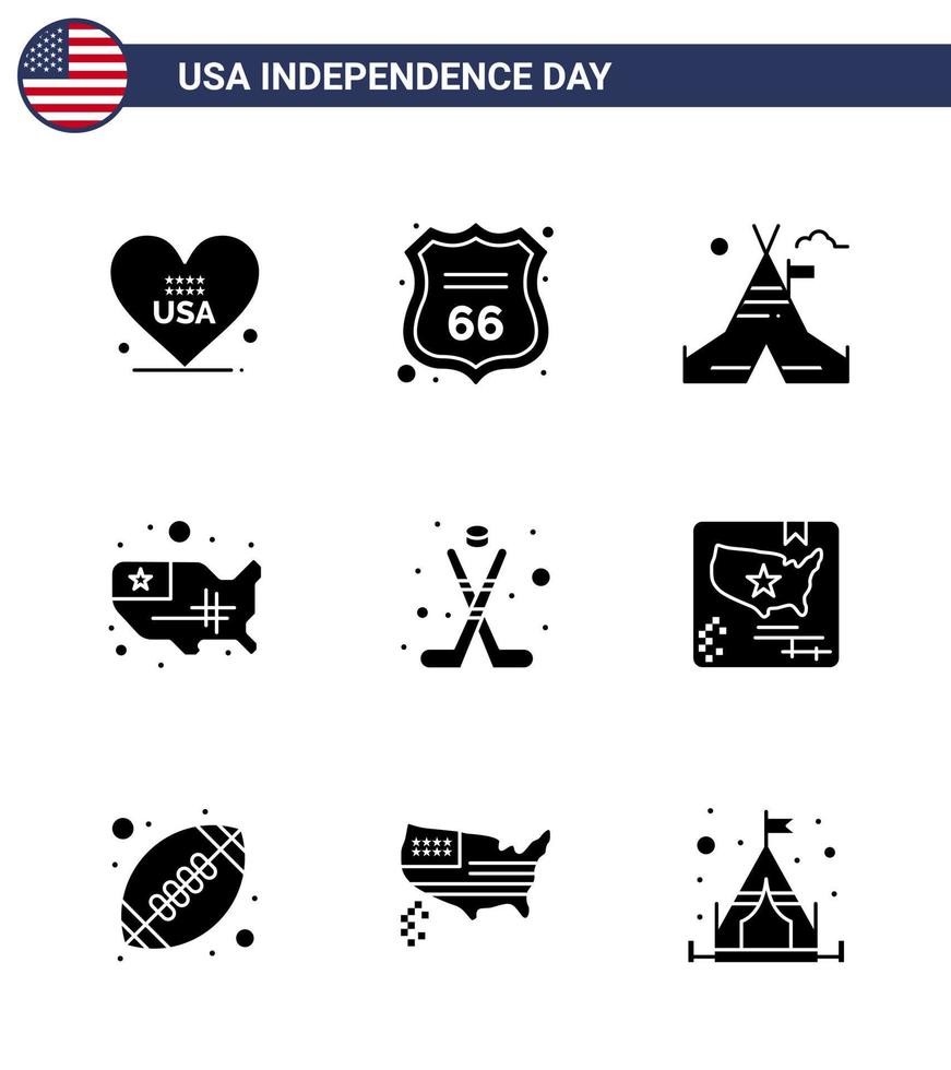 usa indépendance jour solide glyphe ensemble de 9 pictogrammes usa de hokey usa tente carte unie gratuite modifiable usa day vector design elements