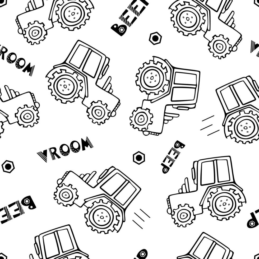 modèle sans couture de machines de construction. illustration vectorielle de doodle pour les garçons dans un style scandinave. bip de lettrage, vroom. engin de transport, tracteur. pour l'emballage, le tissu, l'arrière-plan. vecteur