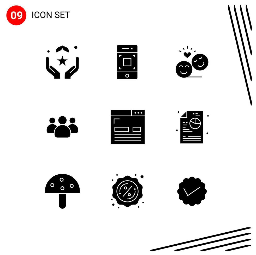 ensemble de pictogrammes de 9 glyphes solides simples d'amis de technologie de groupe d'équipe emoji éléments de conception vectoriels modifiables vecteur