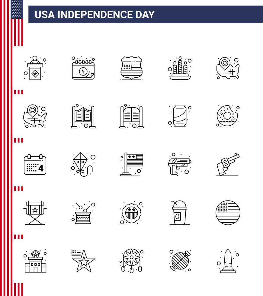 usa independance day line ensemble de 25 pictogrammes usa des usa carte bouclier lumière bougie modifiable usa day vector design elements