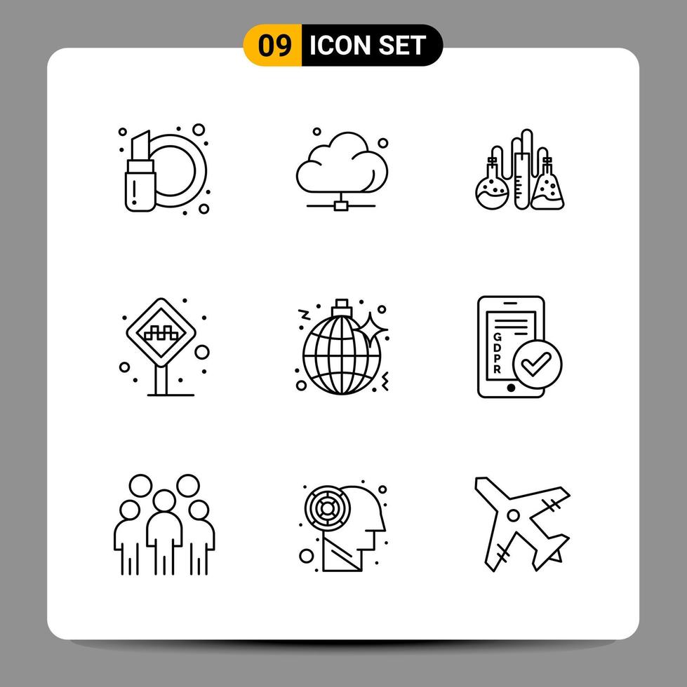 9 signes de symboles de contour de pack d'icônes noires pour des conceptions réactives sur fond blanc. 9 icônes définies. vecteur