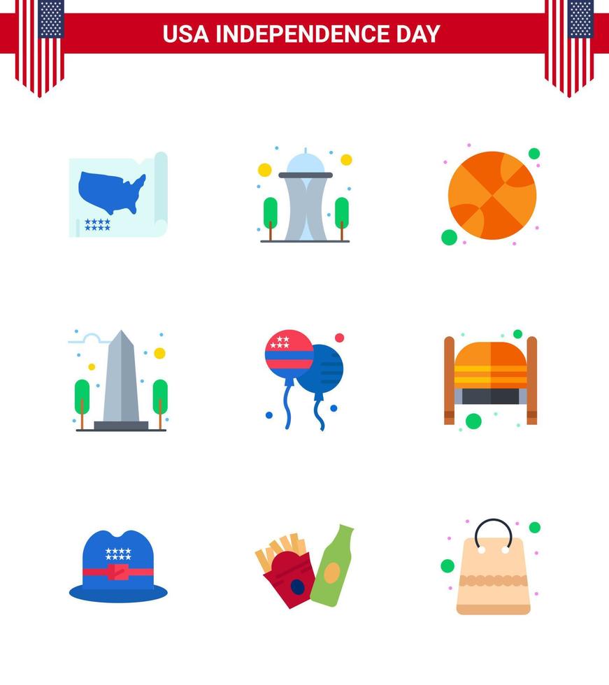 usa joyeux jour de l'indépendancepictogramme ensemble de 9 appartements simples de bloon usa vue de basket-ball point de repère modifiable usa day vector design elements