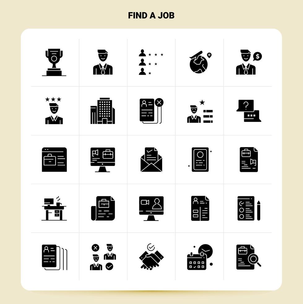 solide 25 trouver un emploi jeu d'icônes vecteur glyphe style conception icônes noires ensemble web et mobile idées d'affaires conception illustration vectorielle