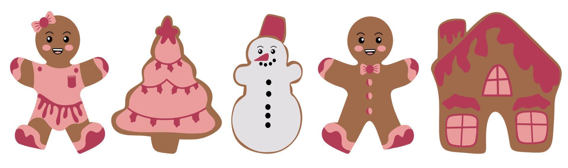 pain d'épice festif. biscuits en forme d'hommes et de personnages différents avec glaçage. joyeux Noël. célébration du nouvel an et de noël. vecteur