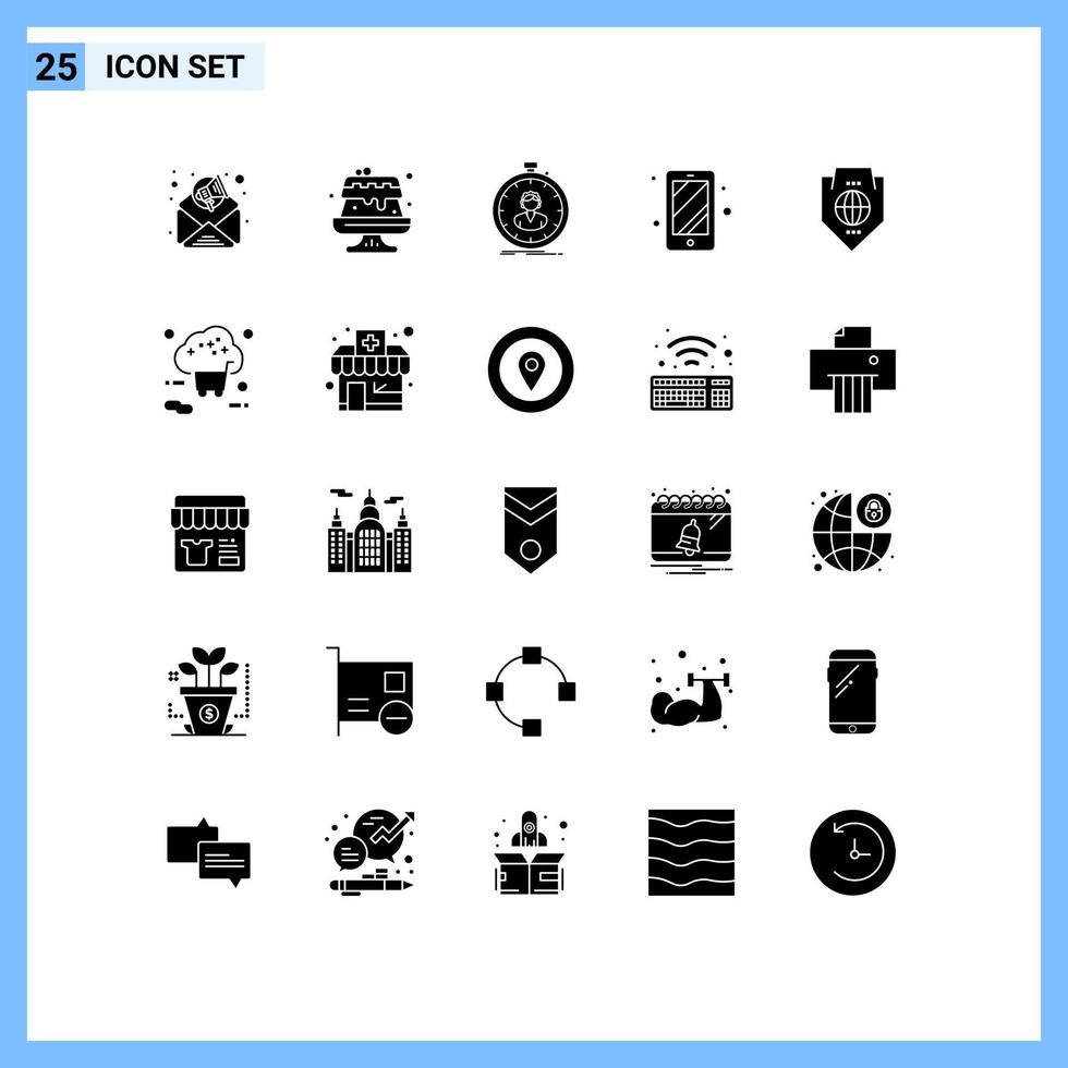 25 concept de glyphe solide pour les sites Web mobiles et les applications globe monde chronomètre accès téléphone intelligent éléments de conception vectoriels modifiables vecteur
