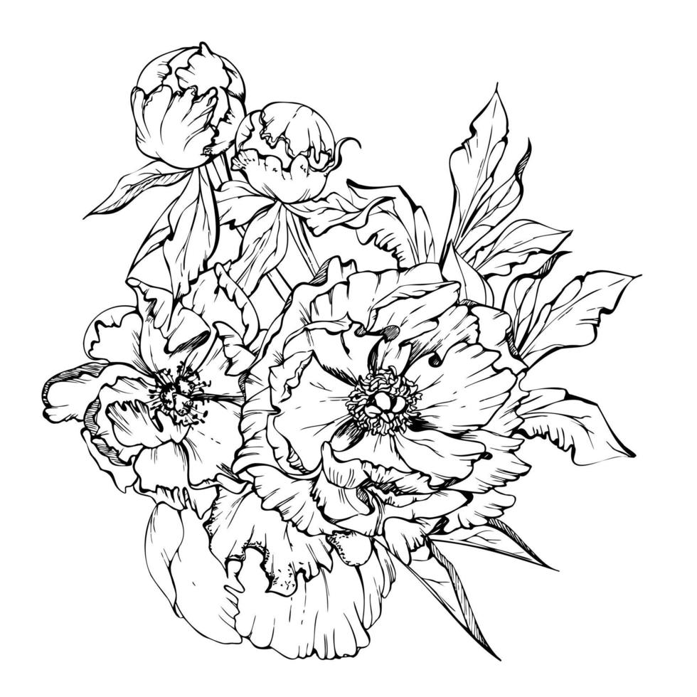 arrangement de bouquet à l'aquarelle avec des fleurs, des bourgeons et des feuilles de pivoine rose délicats dessinés à la main. isolé sur fond blanc. pour les invitations, les mariages, les cartes d'amour ou de voeux, le papier, l'impression, le textile vecteur