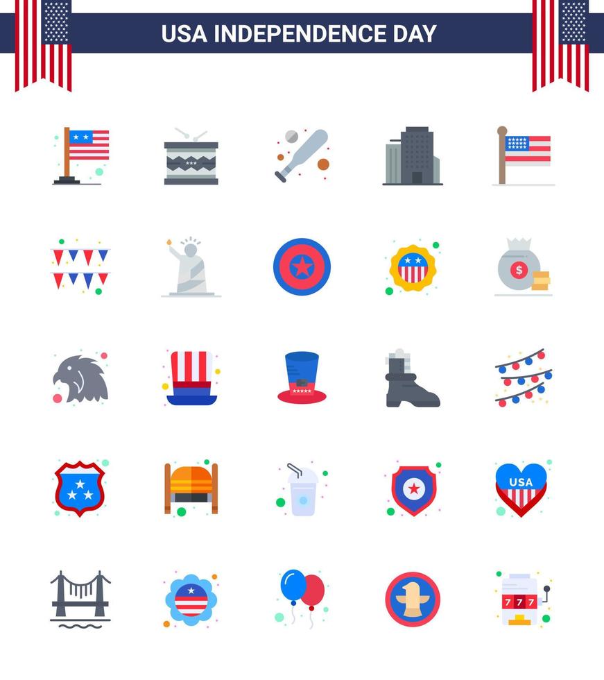paquet plat de 25 symboles de la fête de l'indépendance des états-unis du drapeau uni st bâtiment américain éléments de conception vectoriels modifiables de la journée des états-unis vecteur