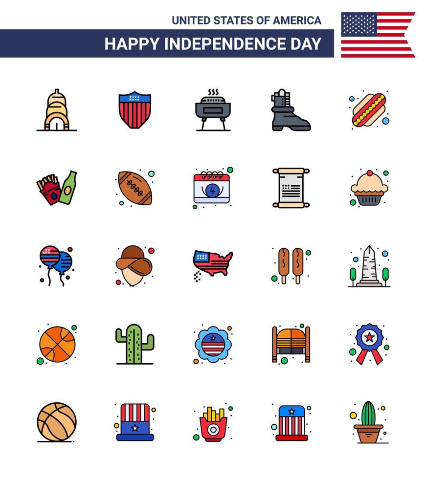 ensemble moderne de 25 lignes et symboles remplis à plat le jour de l'indépendance des états-unis, tels que la célébration du hot-dog en bouteille vecteur