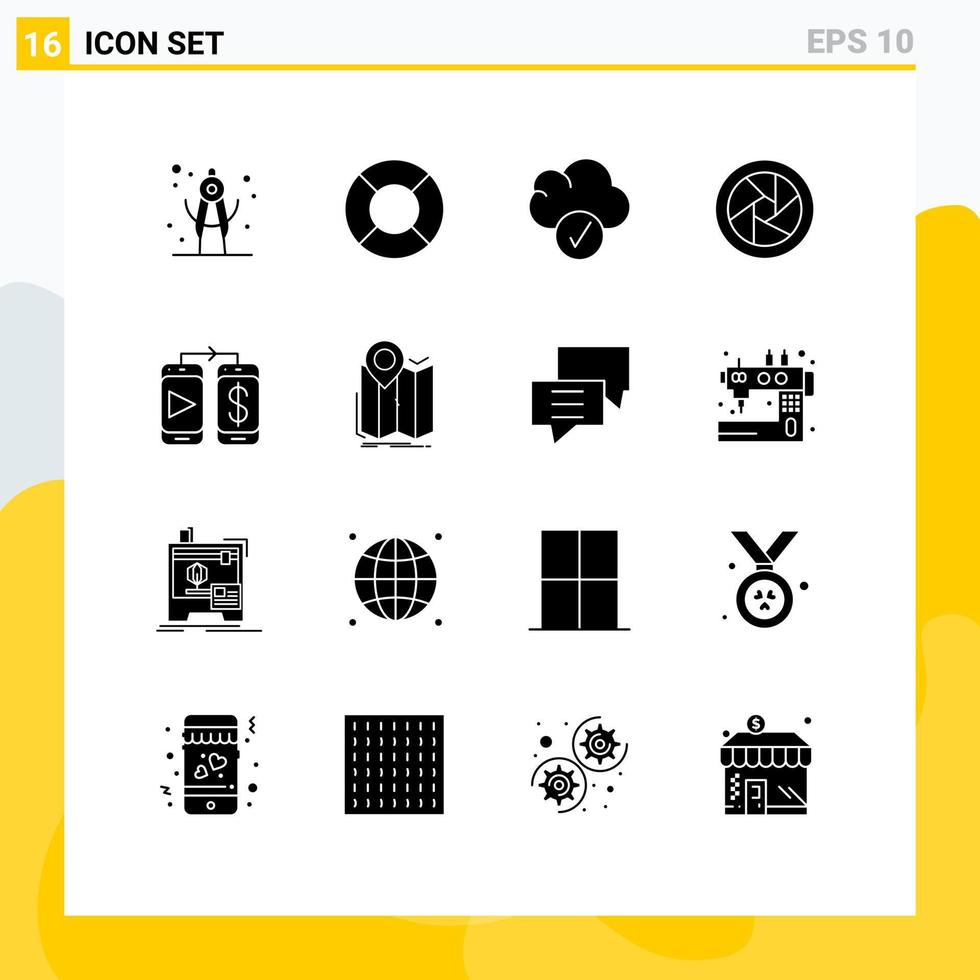 16 concept de glyphe solide pour les sites Web mobile et applications carte gps données argent éléments de conception vectoriels modifiables mobiles vecteur