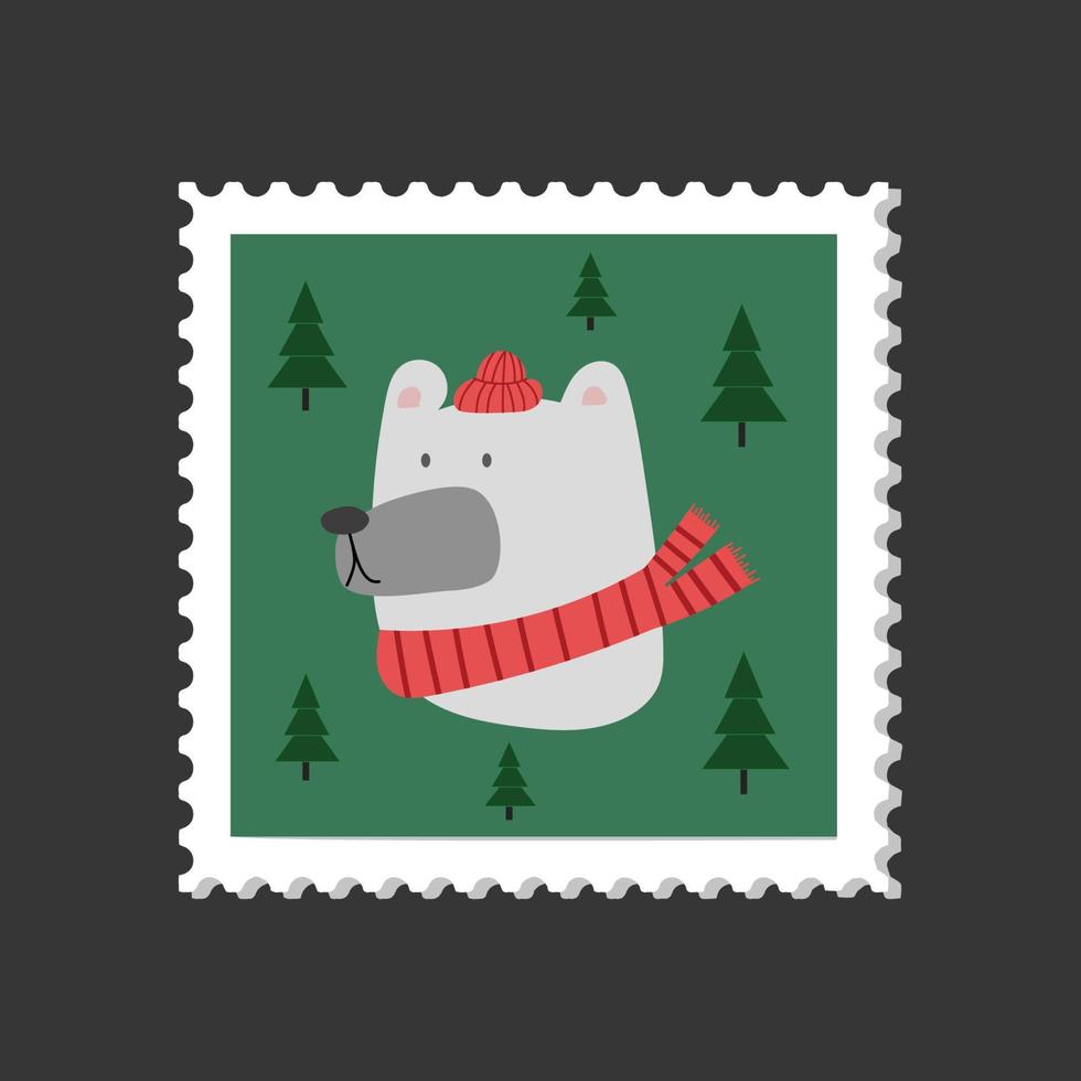 timbre postal de noël avec tête d'ours polaire blanc. illustration vectorielle d'ours de dessin animé mignon en bonnet rouge chaud et écharpe pour cartes de voeux, impressions vecteur