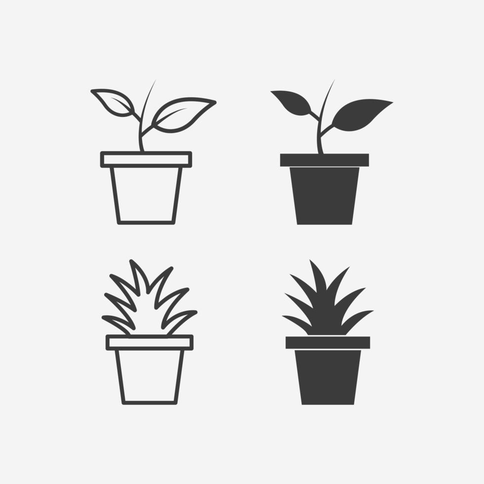 feuille, fleur, pot avec icône de plante vector set symbole signe