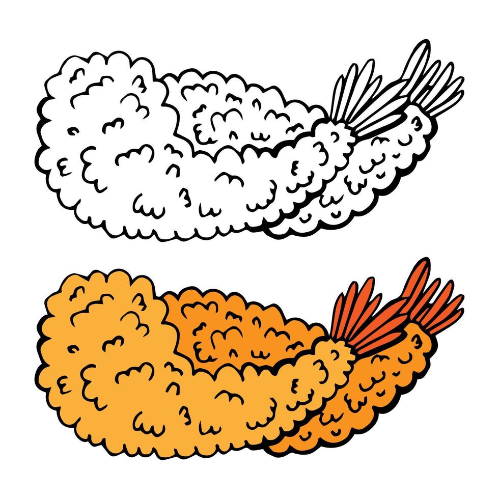 crevettes tempuras. ingrédient de la cuisine japonaise. illustration vectorielle de croquis dessinés à la main vintage gravure. vecteur