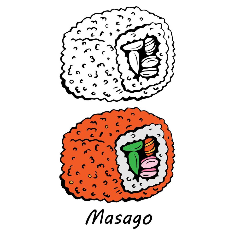 contour de masago sushi. rouleau californien. icône de la cuisine traditionnelle japonaise. illustration vectorielle de fruits de mer dessinés à la main isolé. vecteur