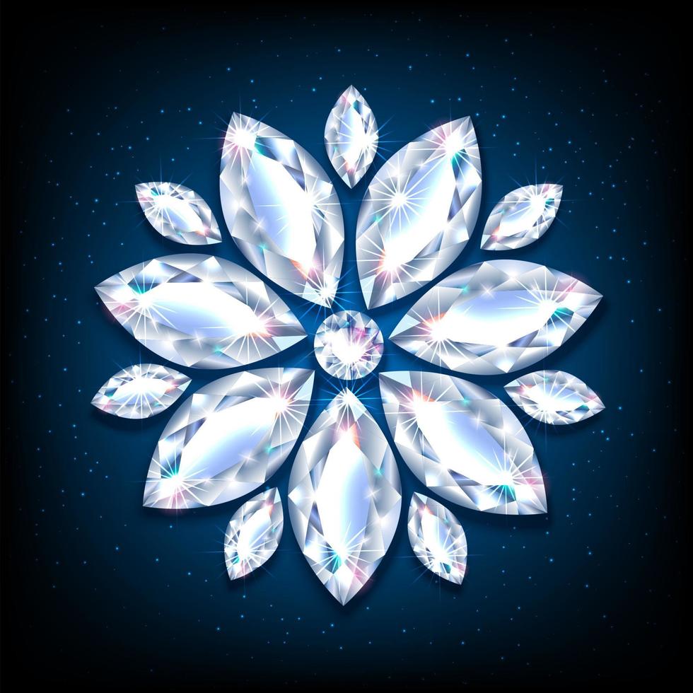 fleur de flocon de neige faite de diamants. pierres précieuses en forme de fleur. décoration de bijoux pour noël et nouvel an. illustration de néon réaliste 3d. vecteur de fond bleu.