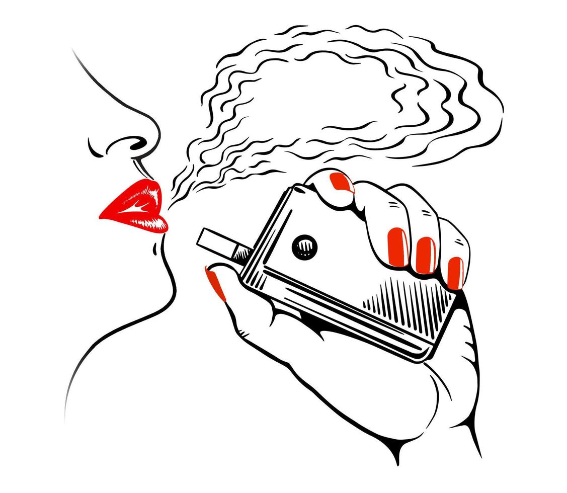 croquis d'un profil féminin, aux lèvres peintes en rouge à lèvres, exhale de la vapeur. main avec cigarette électronique, système de chauffage du tabac. dessiné à la main. isolé sur fond blanc. vecteur. vecteur