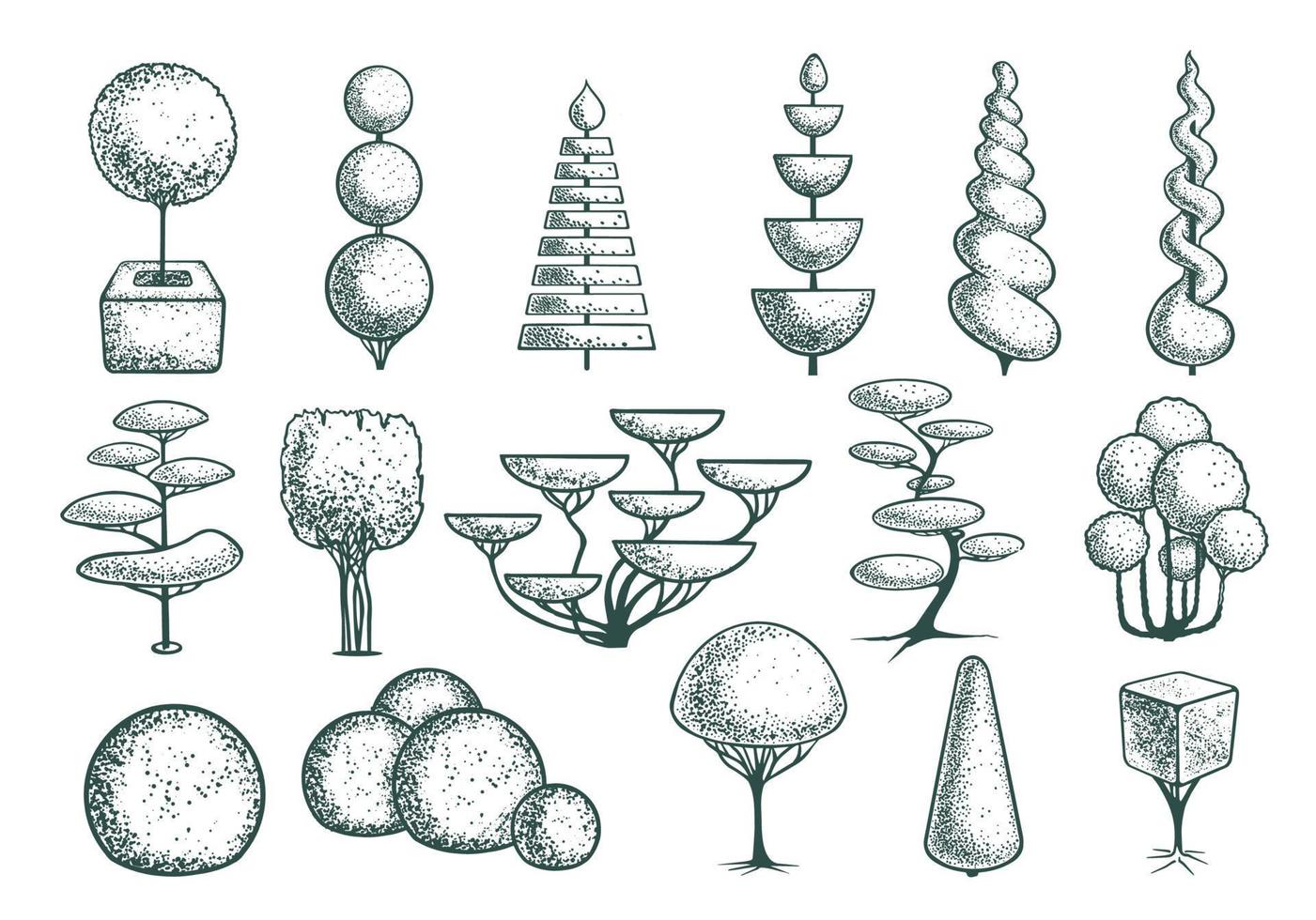 Seth esquisse des formes d'arbres topiaires. arbres géométriques pour la publicité et l'aménagement paysager. isolé sur fond blanc. vecteur. vecteur