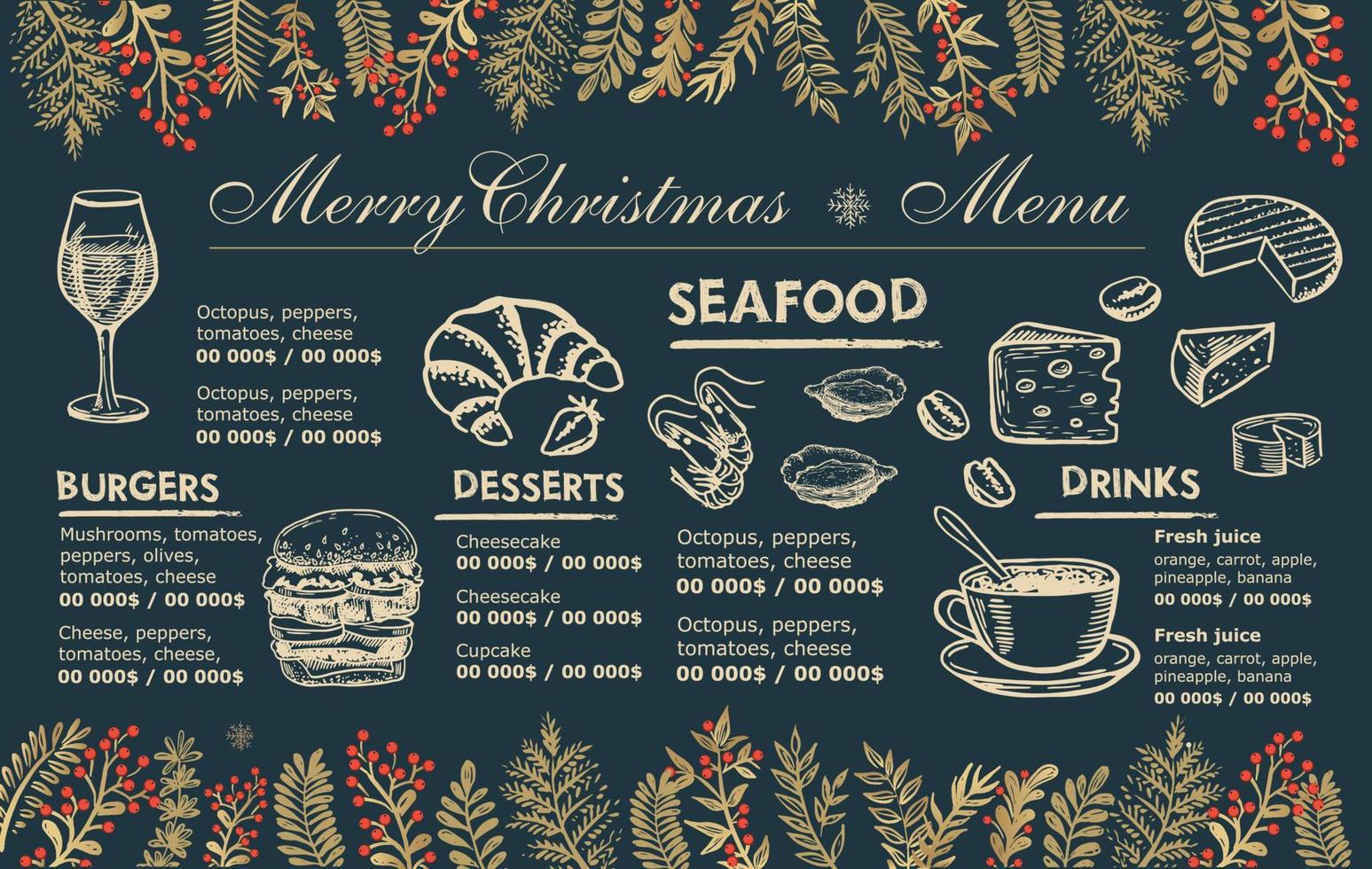 café menu de noël. dépliant alimentaire. Le menu du restaurant. conception de modèle. vecteur