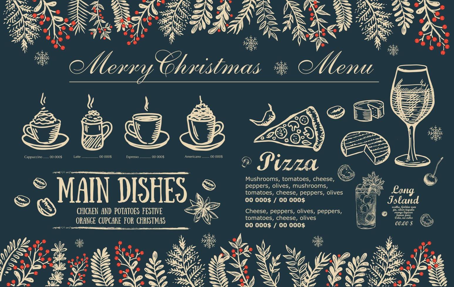 café menu de noël. dépliant alimentaire. Le menu du restaurant. conception de modèle. vecteur