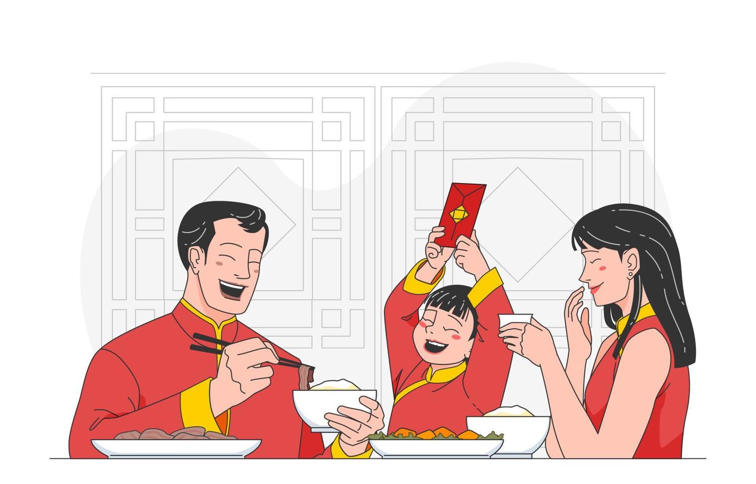 petite famille passe un précieux festin du nouvel an chinois vecteur