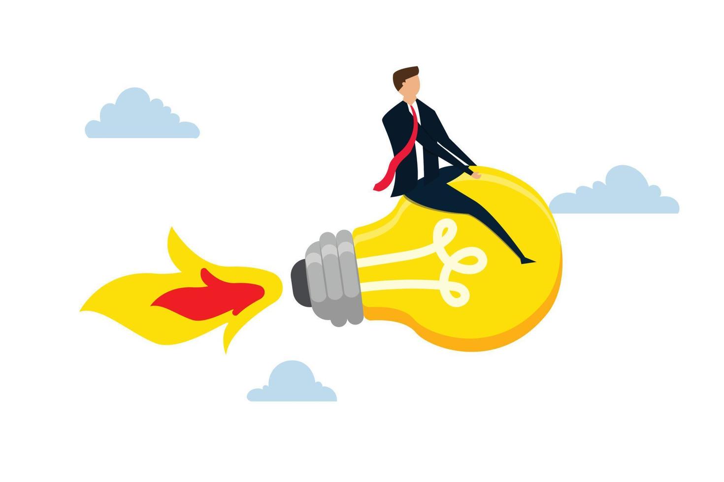 innovation start-up business, heureux chef d'entreprise intelligent à cheval avec une lampe à ampoule lumineuse volante avec un propulseur de fusée dans le ciel nuageux. vecteur