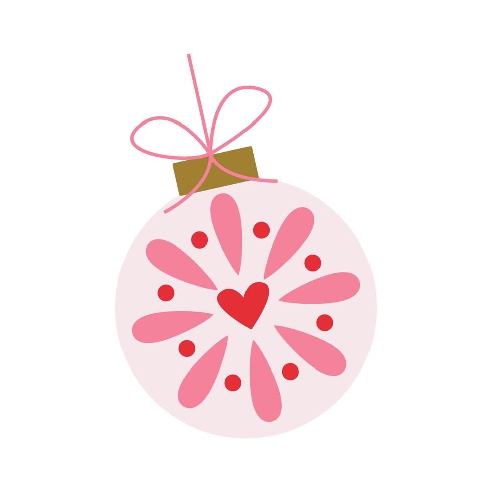 boule blanche de sapin de noël joyeux avec ornement rose en dentelle. décorations d'arbres de Noël et du nouvel an. jouets de sapin de vacances d'hiver. boules de jingles rétro ou flyer, conception de cartes de voeux. vecteur