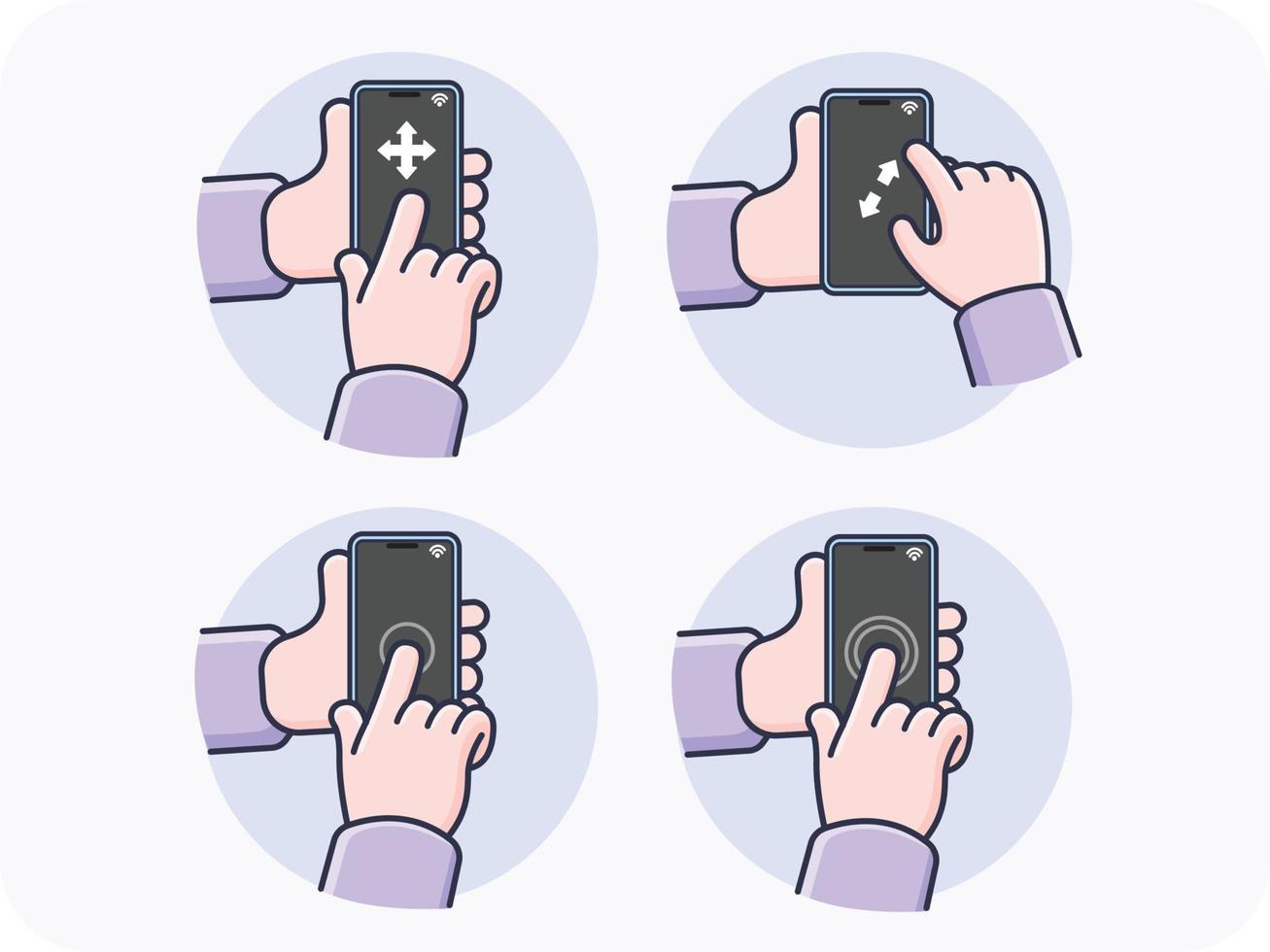 gestes de la main à l'aide d'un smartphone glisser de gauche à droite, de haut en bas, zoom avant-zoom arrière, un robinet, double robinet, conception vectorielle et arrière-plan isolé. vecteur