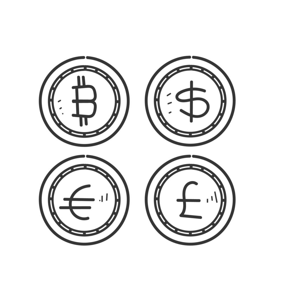 main dessinée doodle bitcoin et argent pièce monnaie illustration vecteur