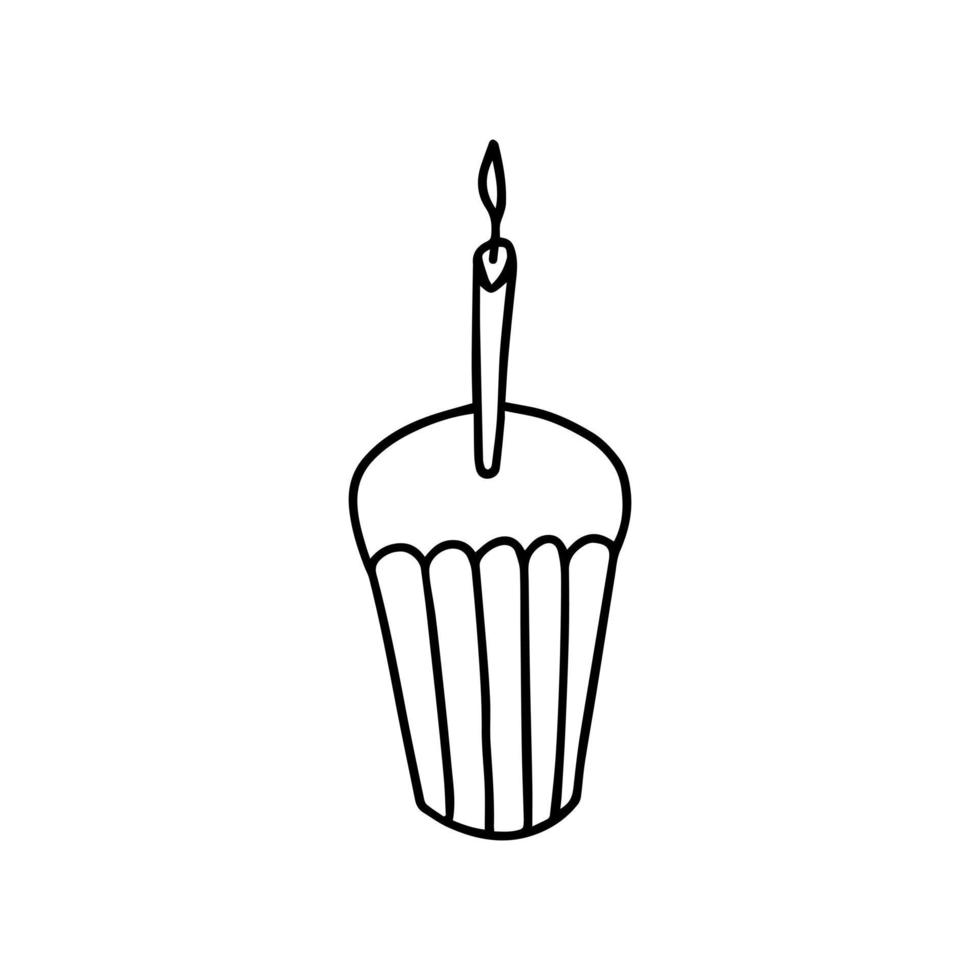 gâteau d'anniversaire avec illustration de bougie doodle. vecteur cupcake simple clipart